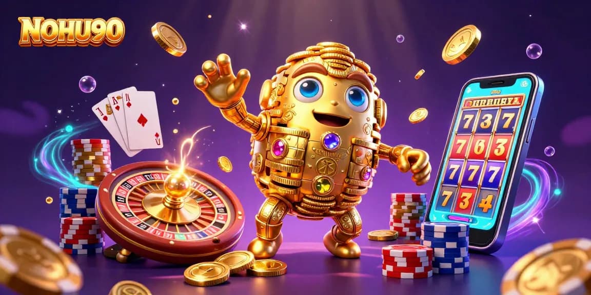 Experience NOHU90's thrilling casino adventure with spinning reels, golden coins, and vibrant gaming elements.